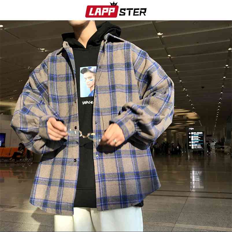 

LAPPSTER Men Harajuku Color Block Plaid Shirt Mens Streetwear Thick Shirts Long Sleeve Male Vintage Korean Fashions Clothes 210721, Coffee