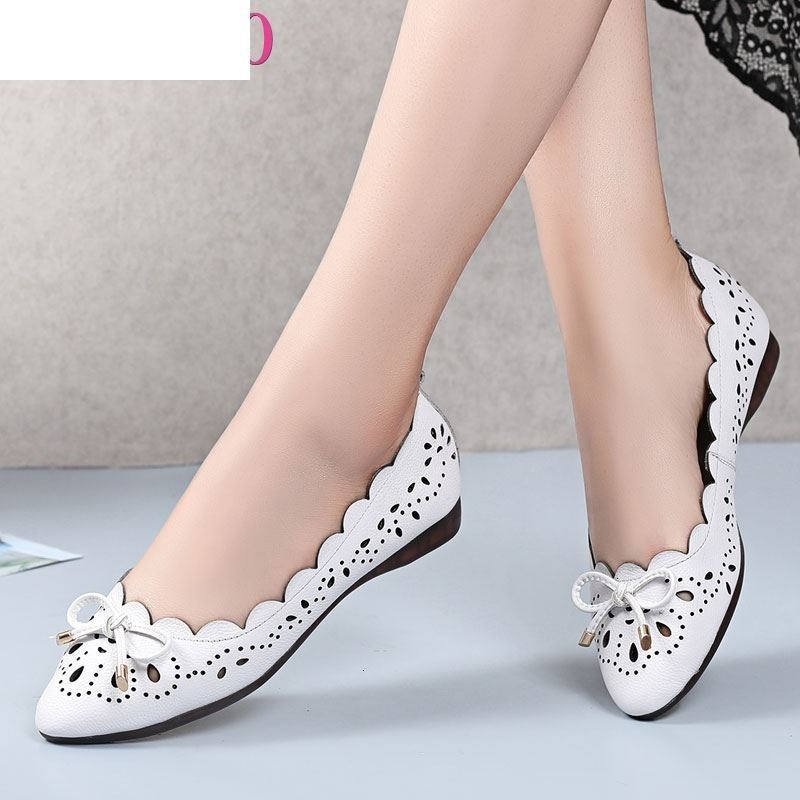 

Sandals Breathable Genuine Leather Summer Shoes Woman 2021 Flat Low Heel Bowknot Hollow Out Slip On For Women Soft R2IB, 510 beige