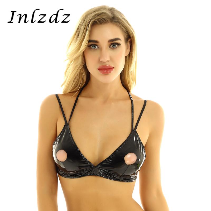 Womens Erotic Lingerie Bra Top Fashion Wetlook PU Leather Triangle Cups Nipple Hollow Out Cross Straps Bralette Sexy Bras