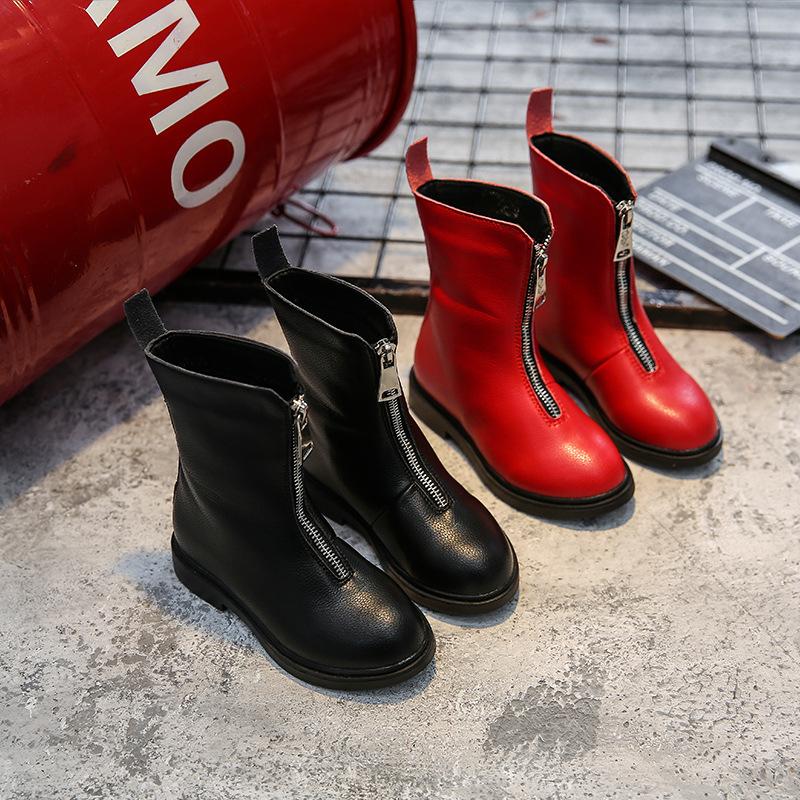 

Boots Girls Spring And Autumn Genuine Leather Single Ankle 2021 Princess Front Zipper Winter Plus Cotton, Black;grey