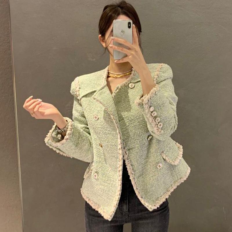 

Women's Wool & Blends Korean Style French Temperament Large Lapel Chic Double Breasted Loose All-Match Long Sleeve Tweed Coat Top Women, Green