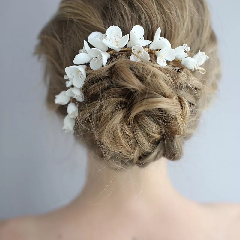 

Porcelain Flower Bridal Long Comb Accessories Handmade Women Crown Fashion Hair Jewelry For Wedding Prom