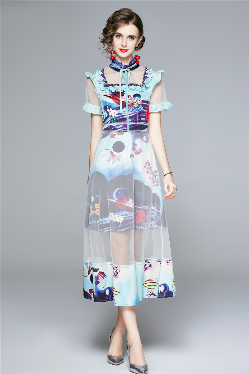 

Fashion Designer Women Dress Woman Summer Elegant Sexy Blue Print Mesh Dress Office Lady Party Robe Female Dresses Vestidos 210525