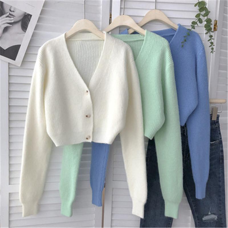 

Women's Sweaters 2022 Autumn Korean Sweet Temperament V-neck Cardigans Single-breasted Short Solid Long-sleeved Knitted Cardigan Sweater Jac, White;black