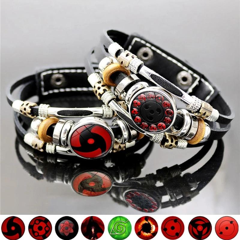 

Charm Bracelets Sharingan Eye Punk Leather Bracelet Men Anime Uchiha Sasuke Kakashi Snap Button Handmade Multilayer Fashion For Women