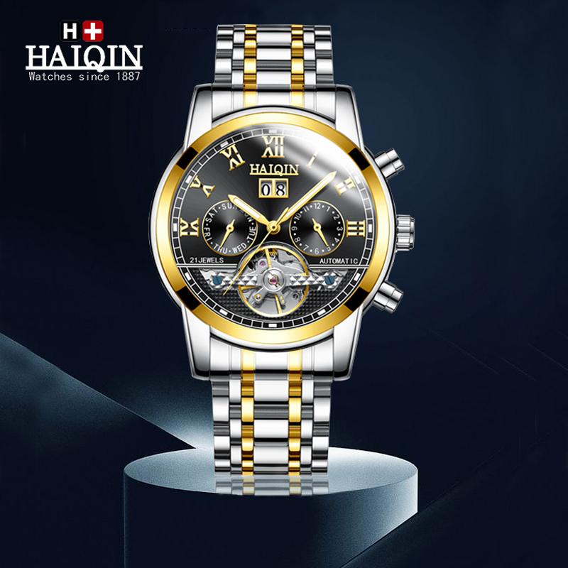 

Wristwatches HAIQIN Automatic Watch Men Fashion Military Waterproof Business Mechanical Watches Tourbillon Clock Relogio, Silver white