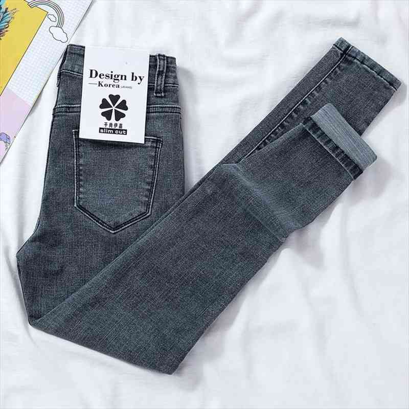 

chic high waist skinny jeans woman high elastic jean female show thin gray blue solid denim pants woman mon