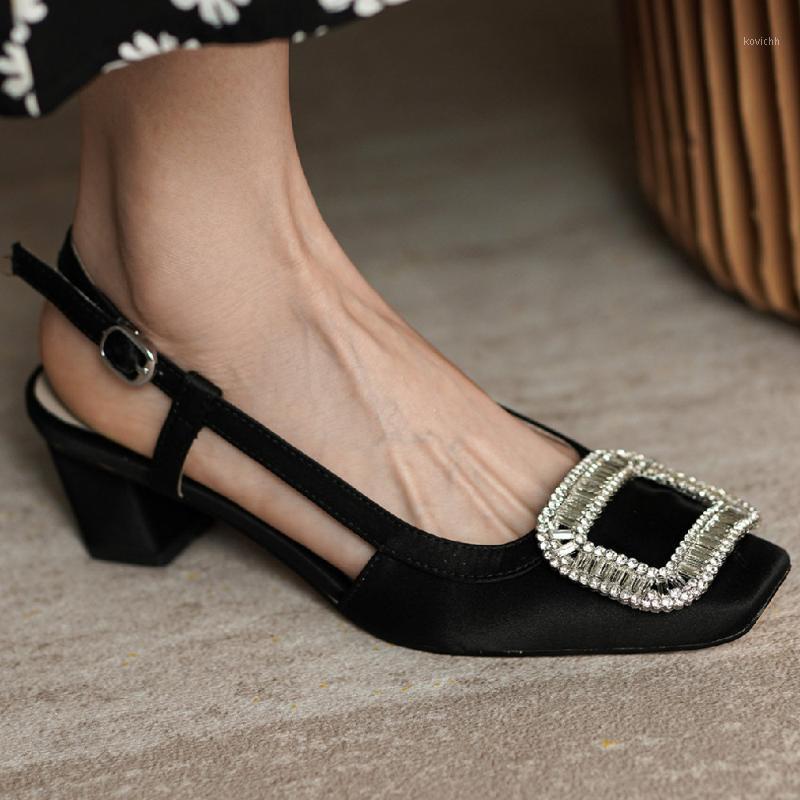 

Women's Slink Thick High Heel Square Toe Slip-on Pumps Slingback Summer Elegant Ladies Crystal Buckle Daily Dress Shoes Women, Black