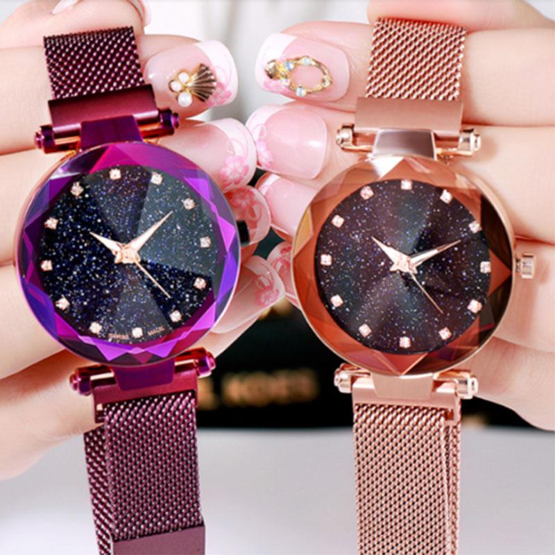 

Wristwatches Women Stylish Quartz Wrist Watch Mesh Alloy Magnet Strap Starry Sky Dial Casual Watches LL@17, Gold