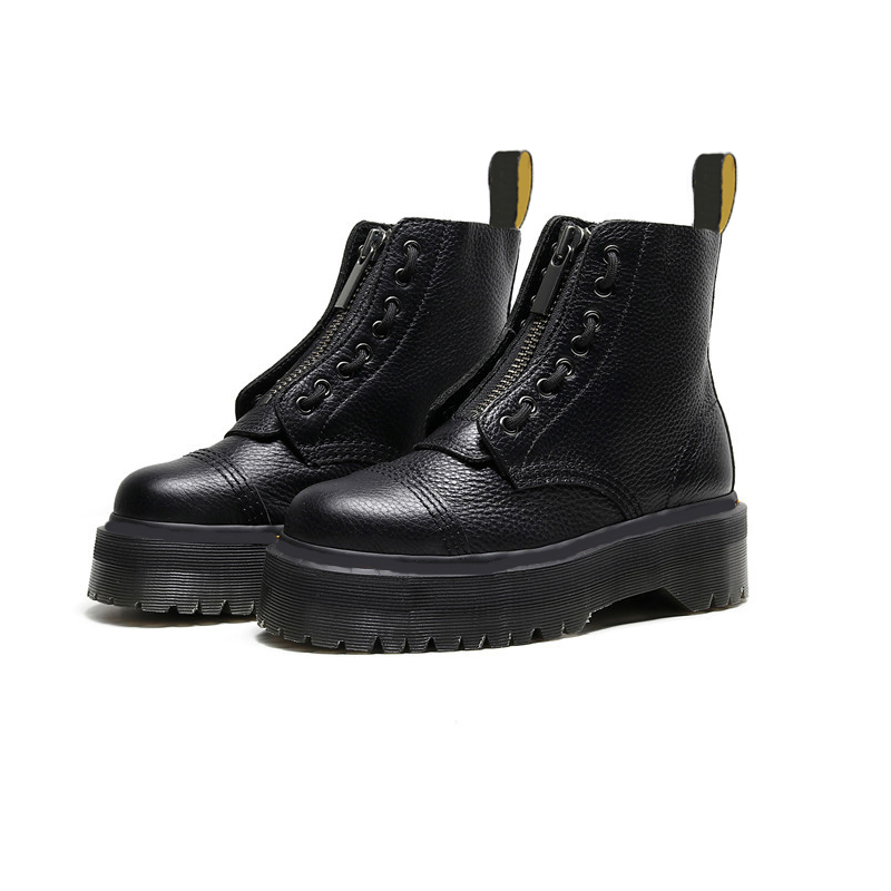 

Women platform martin boots 8 holes front zipper soft leather designer short ankle booties black frauen stiefel, Black with black zipper