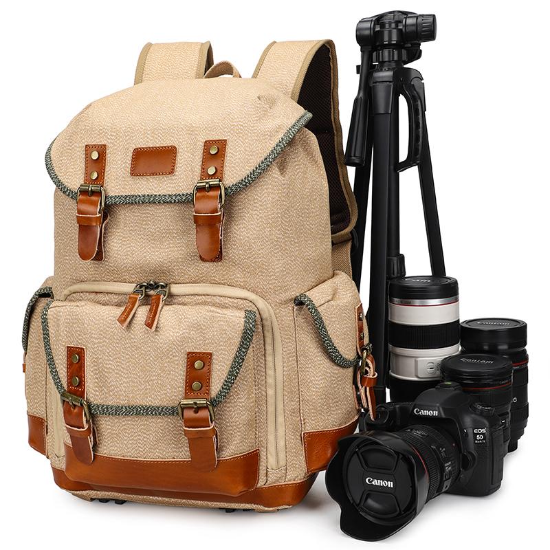 

Backpack Fashion Ladies Laptop Travel Bag Large Pography Digital Canvas Leather DSLR Women Camera For, Beige