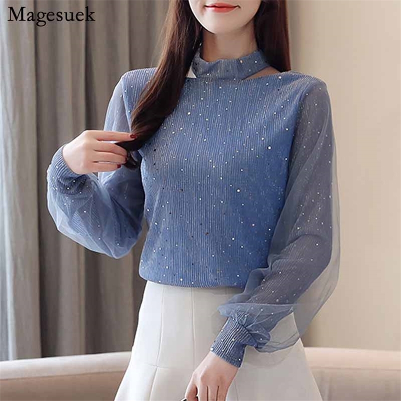 

Polka Dot Office Lady Long Sleeve Clothes with Bow Fashion Lace Top Chiffon Blouse Blusas Autumn Solid Woman Shirt 10531 210518, Blue