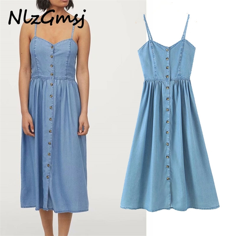 

Dres Summer Blue Denim V Neck Strap Adjust Ladies Midi Vestidos 210628, As picture