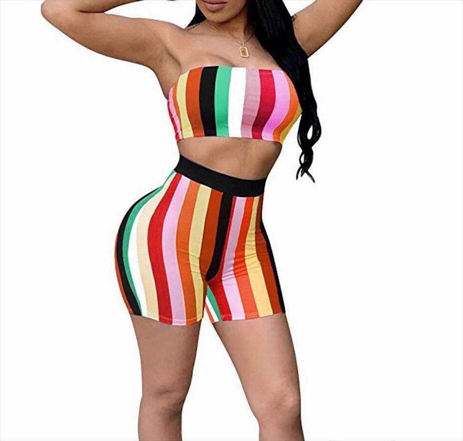 

brand fashion 2 piece womens tracksuits outfits striped rainbow color print sleeveless tube and shorts beach, Gray