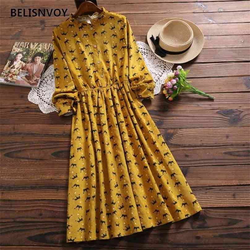 

Arrival Autumn Women Elegant Corduroy Dress Stand Collar Pink Flora Printed Midi Mori Girl Sweet Prairie Chic 210520, Yellow