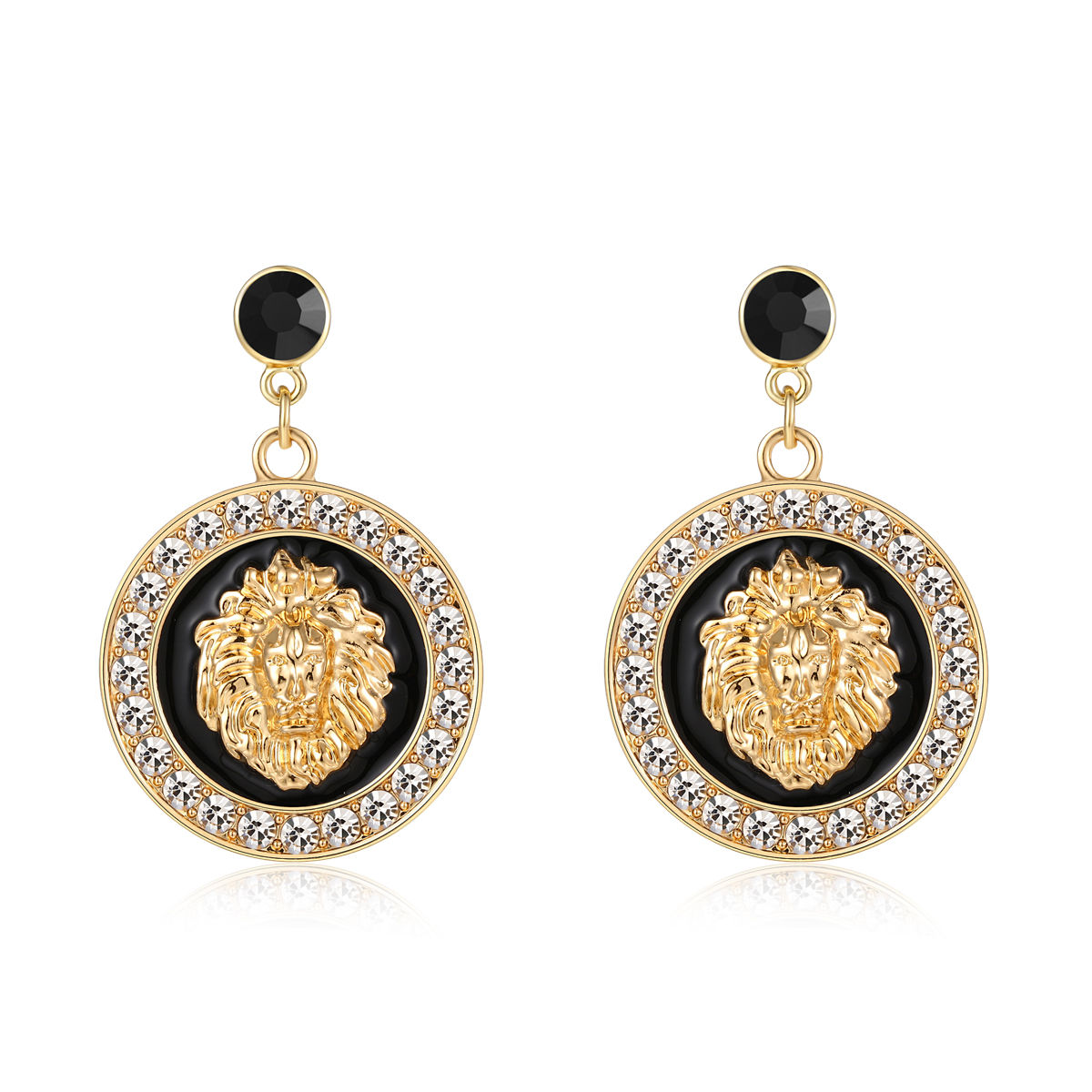 

Hip Hop Lion Head Charm Stud Earrings Gold Color Alloy Crystal Black Enamel Basketball Wives Costume Jewelry, Golden