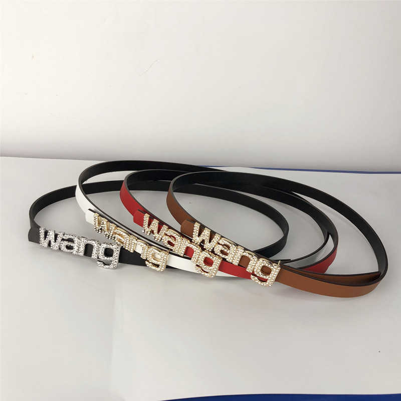 

Luxury Genuine Leather Wang Letter Golden and Silver Buckle 1.5cm Wide Thin Belts for Women Rhinestone Cummerbunds Correas Q0625, Black;brown