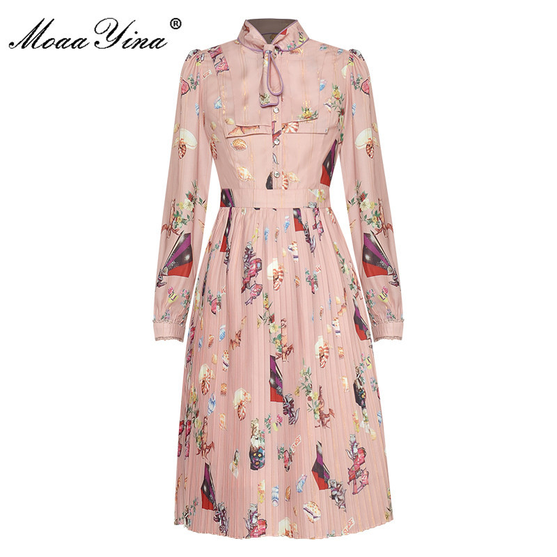 

Fashion Runway dress Autumn Women' Dress Long Sleeve Stand collar Gold Line Floral Print Pleated Dresses 210524, Multi