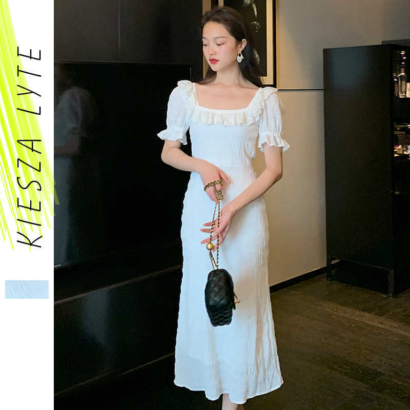

French style white dress square neck lace up waist bubble sleeves dresses for women summer vestido de mujer 210608