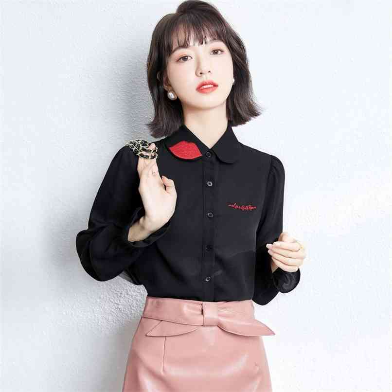 

Fashion Long Sleeve Chiffon Shirt Women's Spring Black Embroidered Tops Sale 210520