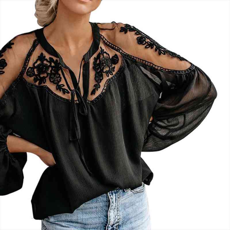 

lace mesh shirt embroidery patchwork women casual long sleeve chiffon blouse ladies loose shirts female blusas, White
