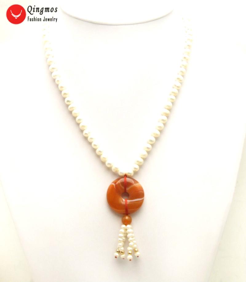 

Pendant Necklaces Qingmos Natural Pearl Necklace For Women With 6-7mm White & 30mm Donuts Shape Red Striped Agates Jewelry