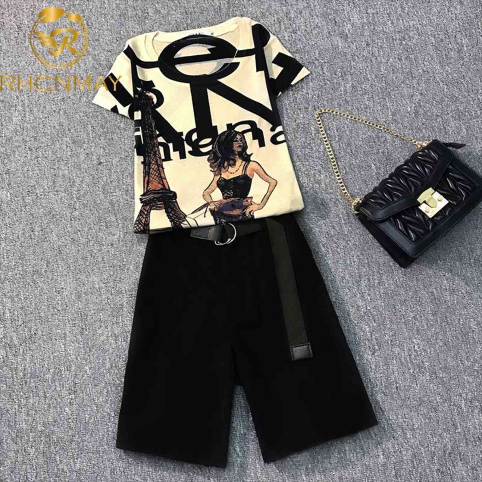 

summer casual 2 piece set women tracksuits vintage print short sleeve slim t shirt fashion shorts pants suits female, Gray