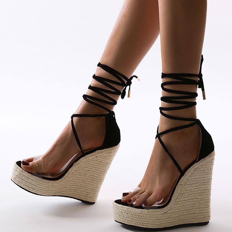 

Dress Shoes Summer Women Wedges Sandals Open Toe Ankle Strap Platform Super High Heels Gladiator Zapatos De Mujer Plus Size 42, Black