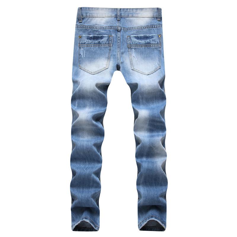 

Men's Jeans Mens Casual Hole Ripped Straight Long Denim Pants Light Blue Washed Biker Trousers Cowboy Party Wear Young Man