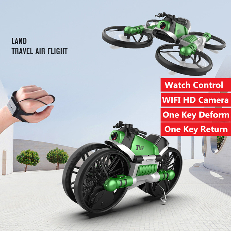

2.4G Watch Control Phone Control Remote control aircraft One Key Deform Motorcycle Drone Aircraft Toy with Wifi Camera Kid gift, Green normal 1batter