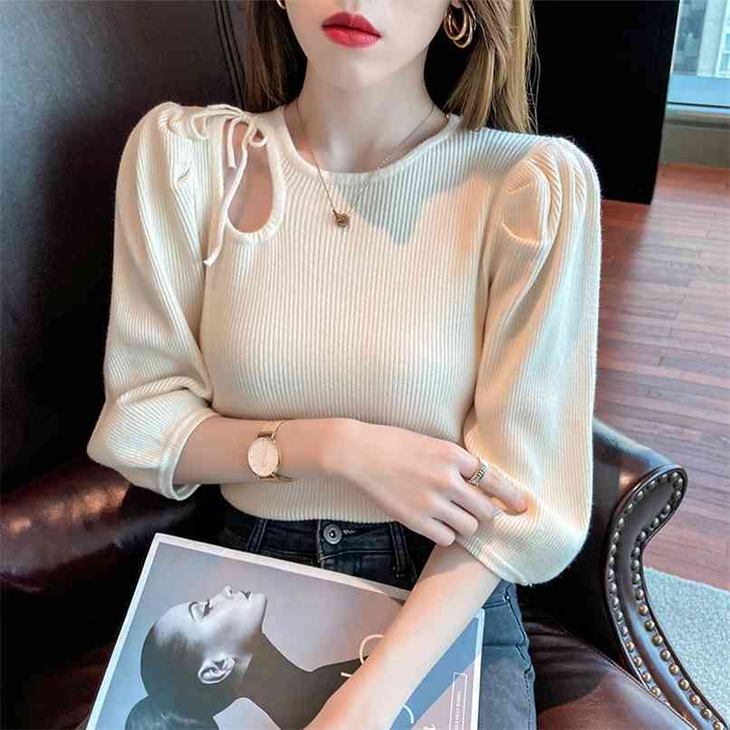 

sale knitted sweater spring strapless slim round neck bottoming shirt versatile temperament casual top 210520, Apricot