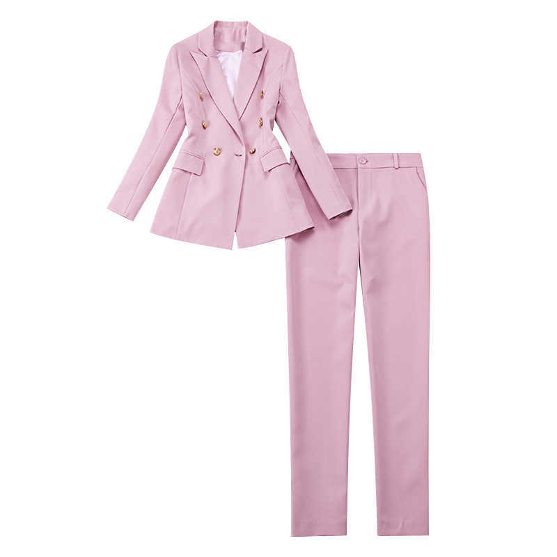

High Quality Winter Professional Women' Office Jacket Pants Two-piece Suit Elegant Double Breasted Lady Blazer Work Clothes 210527, Pink
