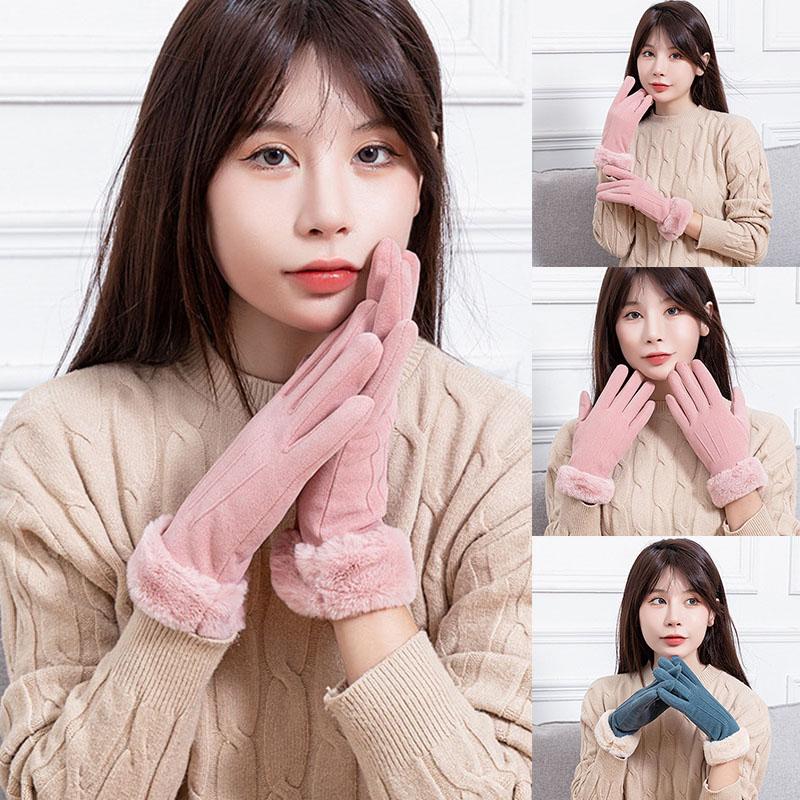 

Five Fingers Gloves 1Pair Double Layer Fleece Women Winter Elastic Suede Fabric Touch Screen Warm Plush Lined Glove For Riding Driving, Blue;gray