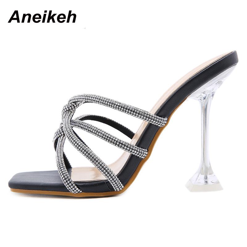 

Aneikeh Fashion 2021 Women Slides Shoes Summer Bling PU Polka Dot Outside Square Spike Heels Shallow Sweet Black Size 34-40 Slippers