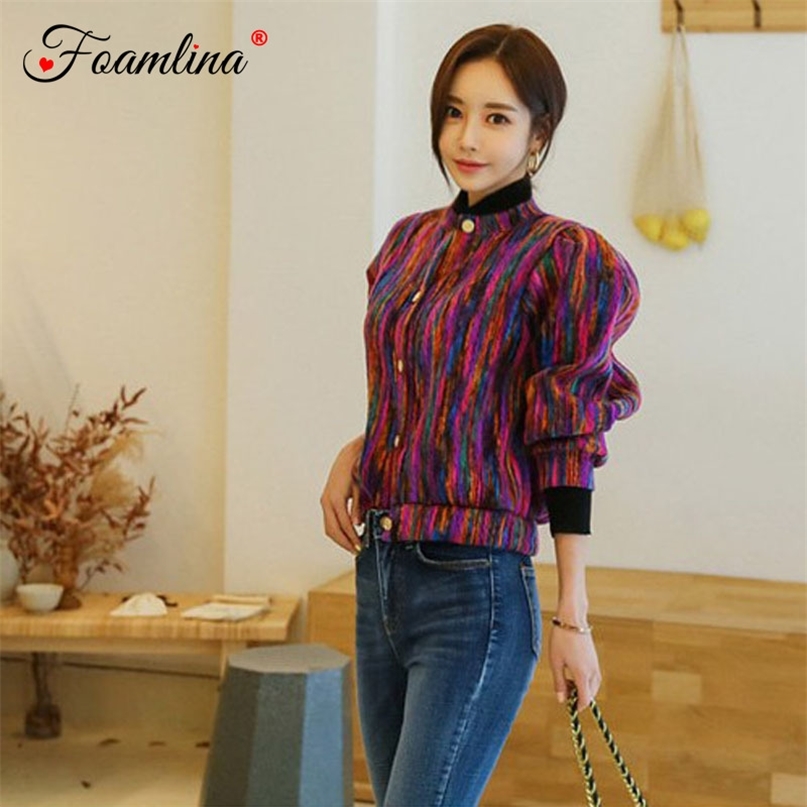 

Korean Fashion Women Jacket Coat Spring O Neck Long Sleeve Single Breated Multicolor Striped Casual Short 210603, Purple