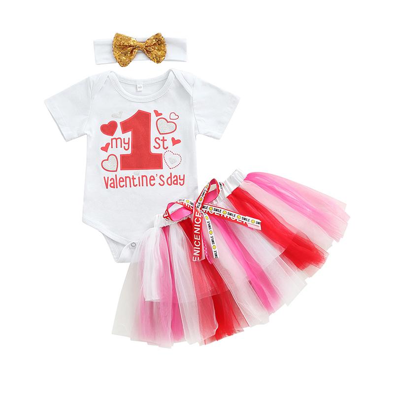 

Clothing Sets Infant Girls 3PCS Romper Suit, Letter Short Sleeve Snap Romper, Colorful Mesh Tutu Skirt, Sequin Bow Headband Set, White