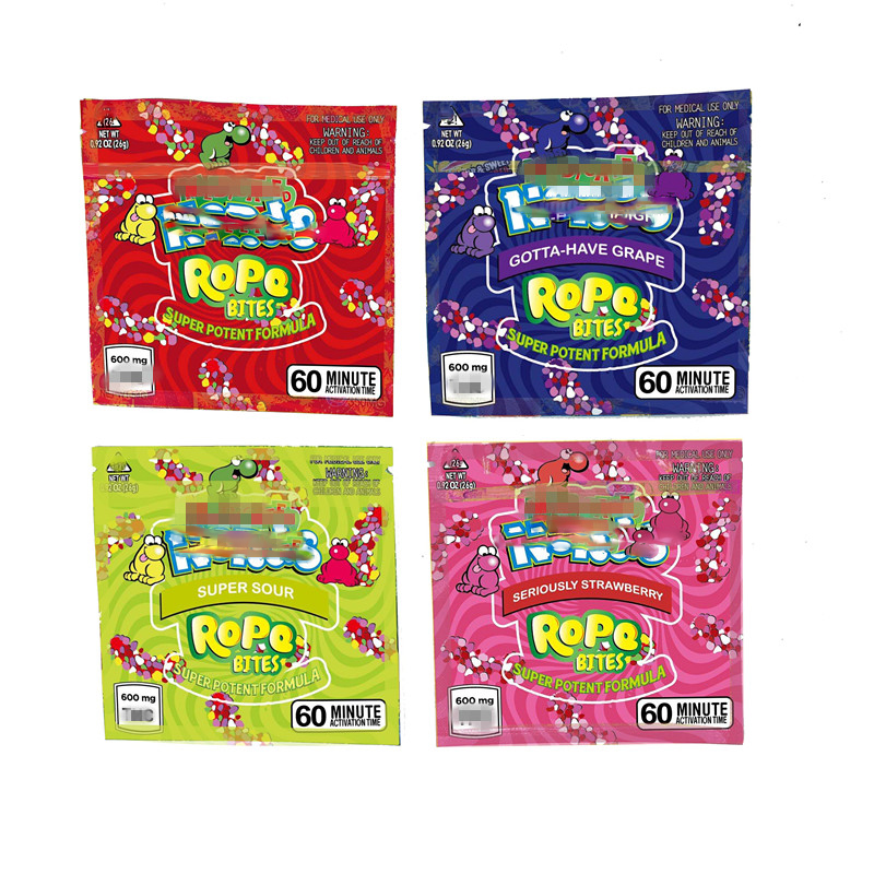 

Wholesale Square Medicated rope Bites Packing bags 4 types empty candy Gummy bag package smell proof baggie 600mg edible gummies packaging mylar ziplock baggies