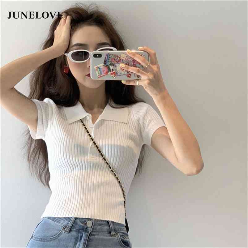 

Women Crop Tops Short Sleeve Turn-down Collar Knitted T-Shirts Office Lady Solid Single Brested Skinny 210519, Gray