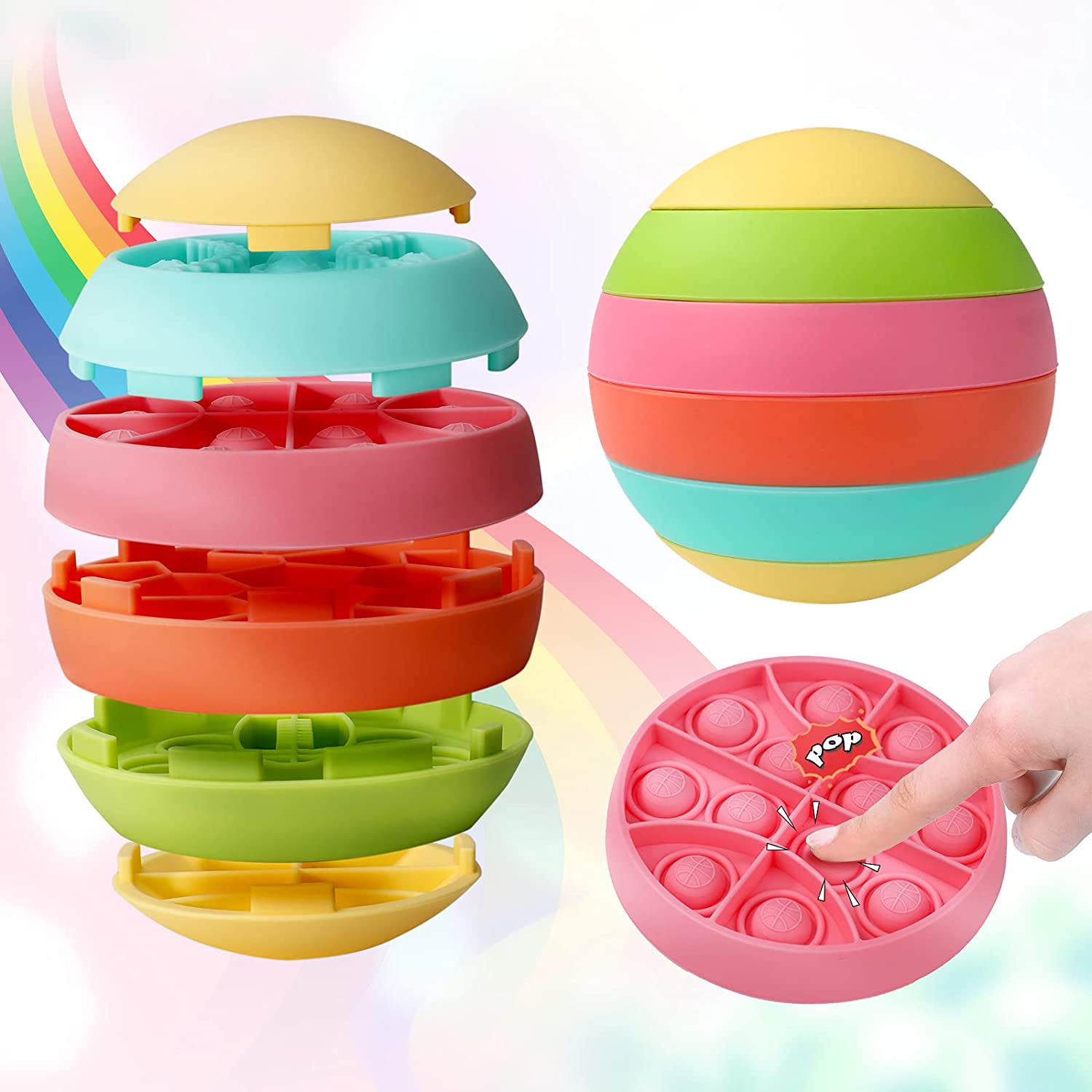 

6pcs/set Stress Ball Fidget Sensory Toy Party Favor Push it Toy Rainbow Bubble for ADHD Parent-Child Interaction Gift Adults Kids Killing Time Office