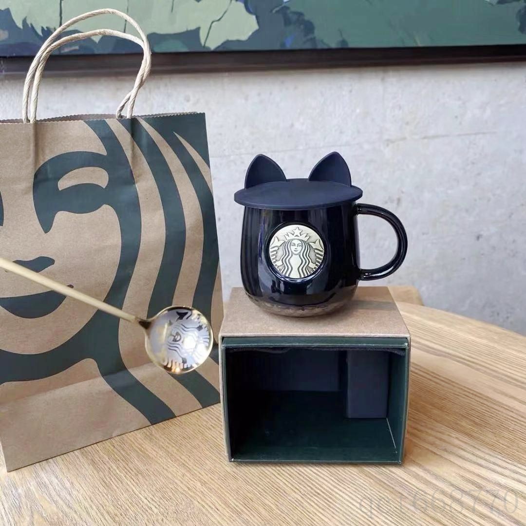 

414ML Starbucks Cup Luxury Kiss Cups with Lids and Spoon Ceramic Mugs Married Couples Anniversary Mermaid Bronze Medallion Products Gift, Customizemix colors
