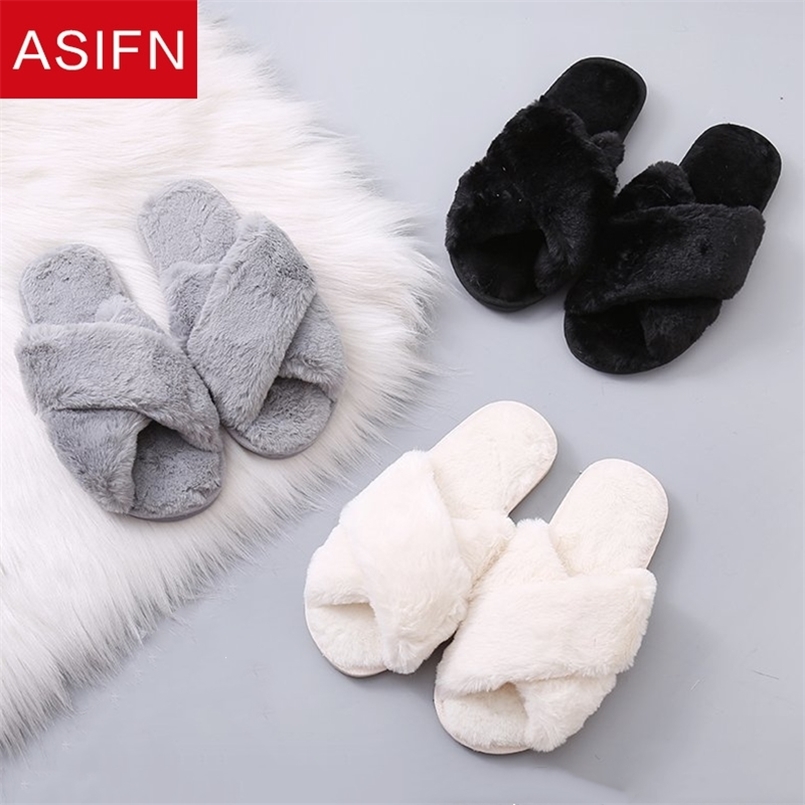 

ASIFN Winter Women House Slippers Faux Fur Warm Flat Shoes Bedroom Female Slip on Home Furry Ladies Drop 210607, Beige