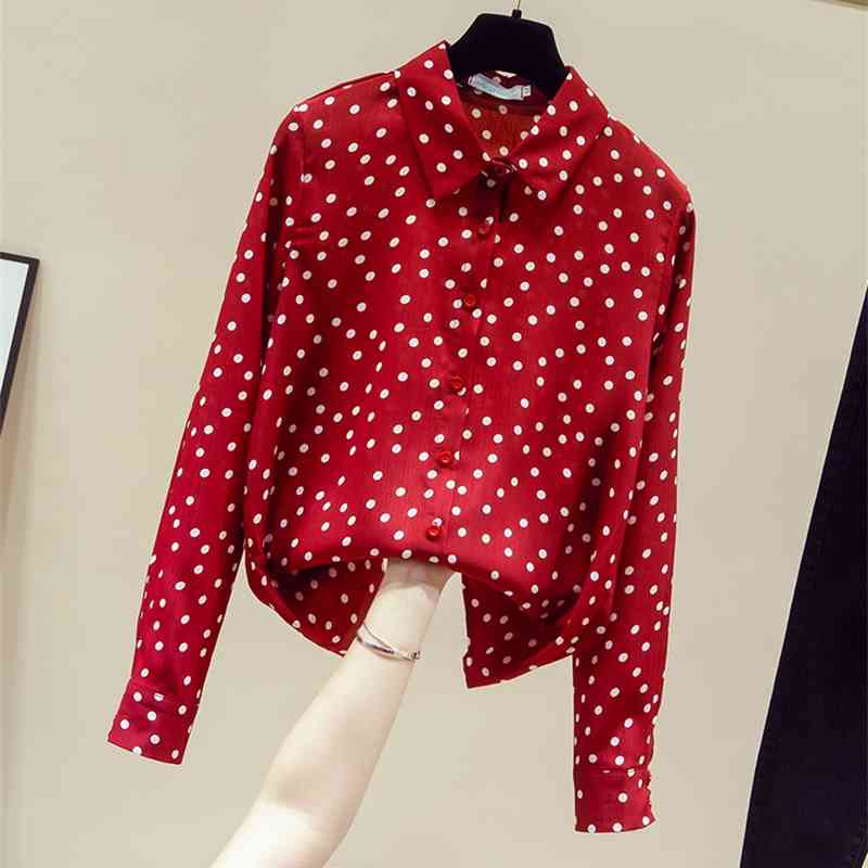 

Autumn Women' Turn Down Collar Long Sleeves Polka Dot Shirt Ladies Female All-match OL Shirts Blouse Tops A3717 210428, Beige
