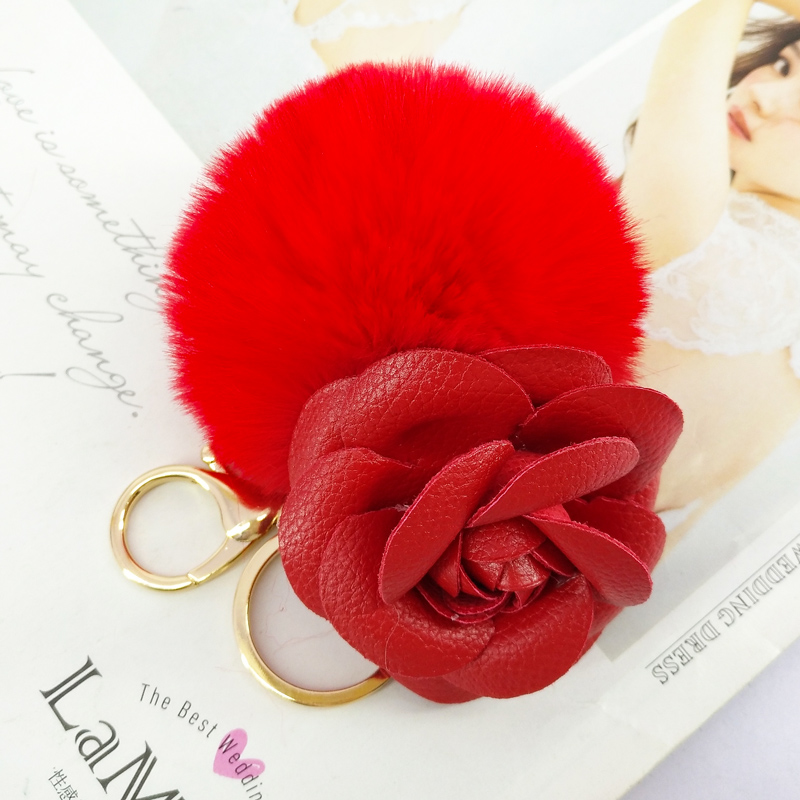 

Romantic PU Leather Rose Puffy Ball Key Chains Handmade Fur Pom Pom Ball Keyring Jewelry Charms Bag Pendant Decoration Keychain