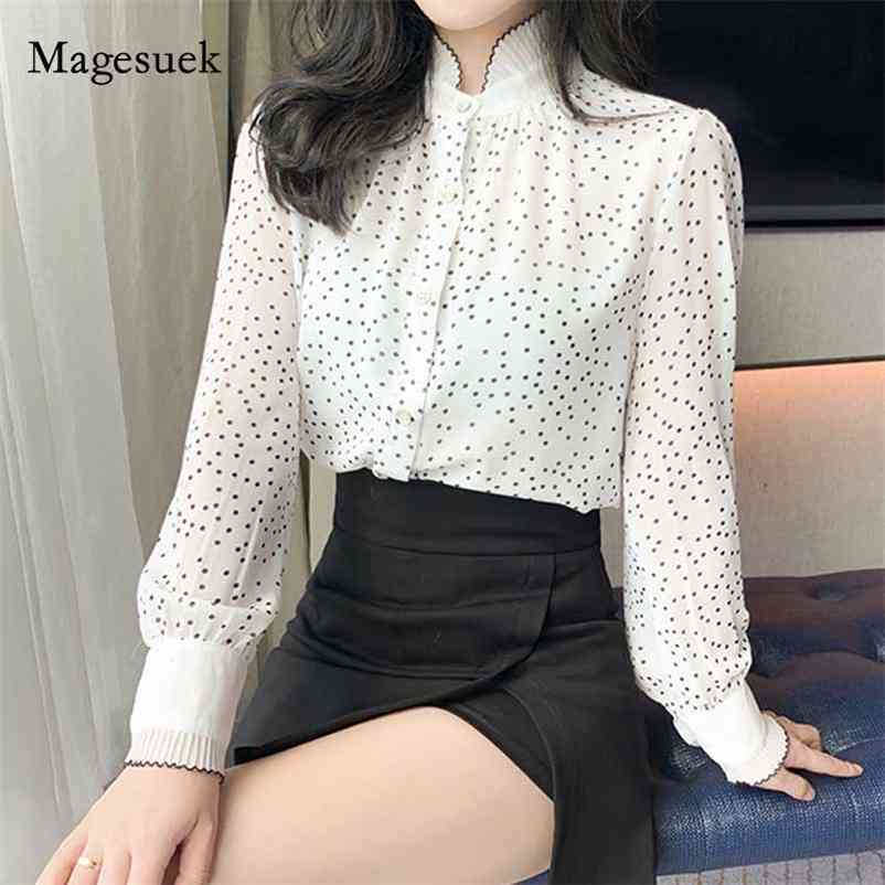 

Women Autumn Long Sleeve Polka Dot Woman' Blouses Chiffon Stand Collar Korean Shirts Cardigan Vintage Shirt Blusas 10953 210518, White