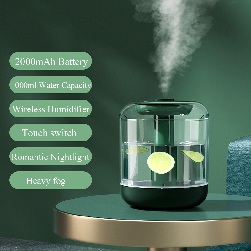 

1L Wireless Air Humidifier Ultrasonic Cool Mist Makger Fogger 2000mAh Rechargeable Battery USB Water Diffuser with LED Light