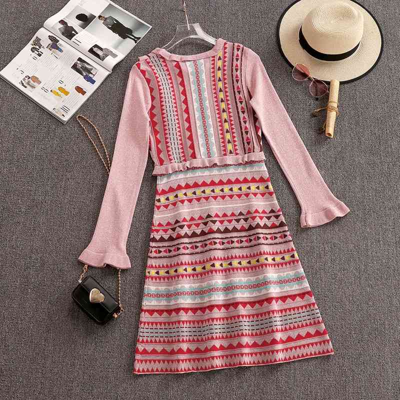 Casual Dresses Fashion Runway Women Ruffles Knitted Rainbow Striped Elastic Knee Dress Female Long Sleeve Sexy Party JH2F-image-699526522