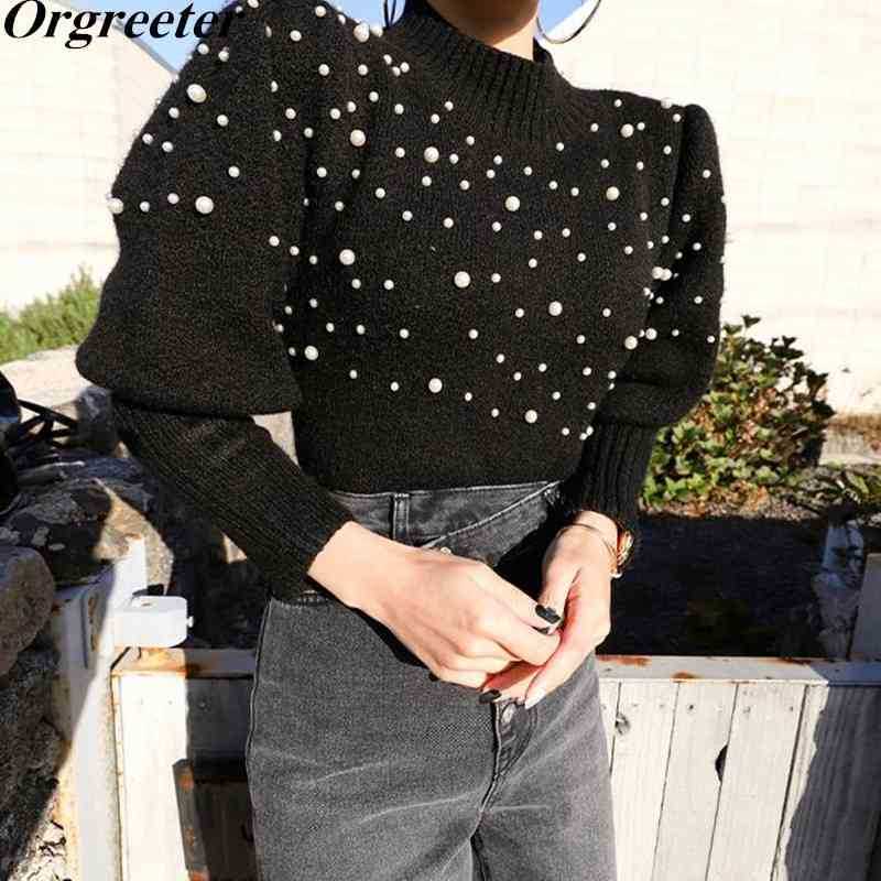 

Chic Exquisite Beading Pullovers Sweater Autumn Winter Elegant Women Sweaters Half Turtleneck Slim Fit Knitted Tops 210525, Gray