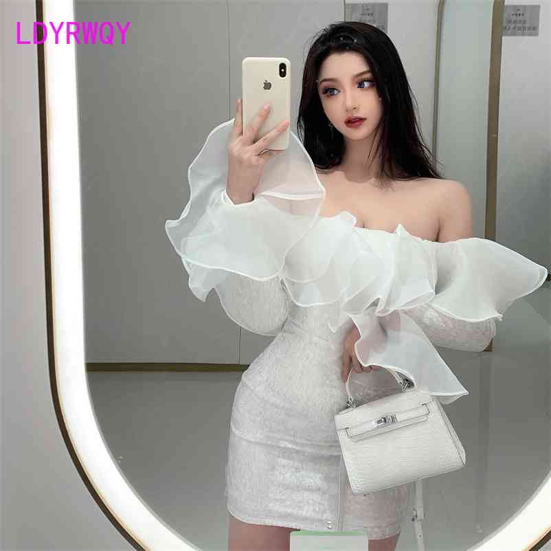 

LDYRWQY Spring style sexy one word shoulder flounce edge slim body wraps buttock long sleeve dress female 210603, White