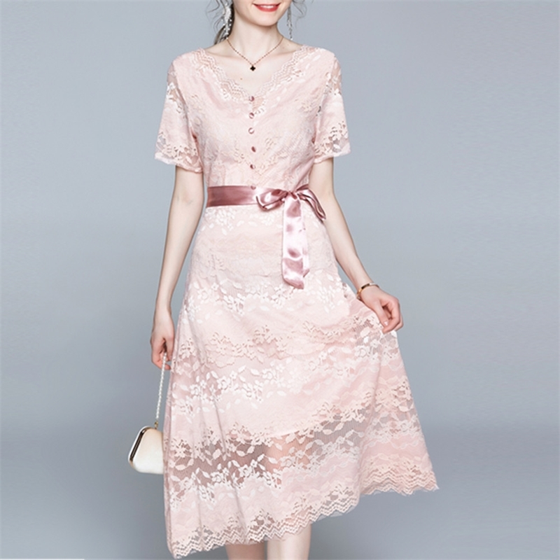 

Summer Women Pink Lace Dress Short Sleeve Sexy V-Neck Tie Up Bow Vacation Holiday Clothes 210520, Photo color