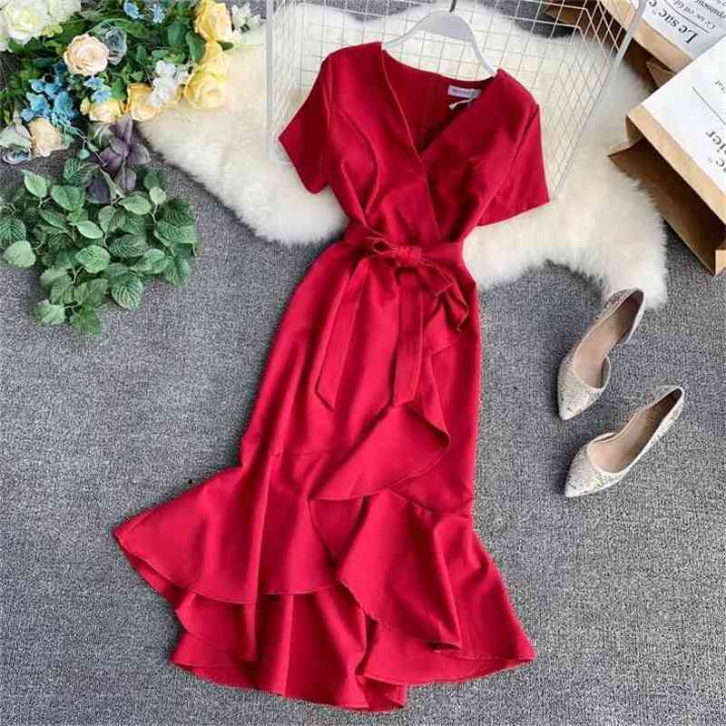 

Summer Women Becah Dress Fashion V Neck Short Sleeved Irregular Hem Slim Long Robe Ladies Bodycon Dresses Vestidos 210525